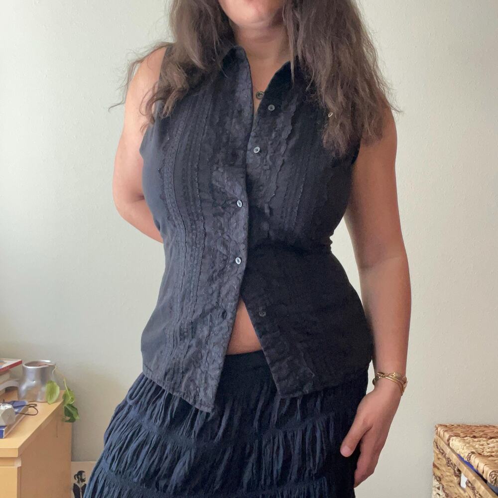 90s vintage black cotton tank lace details cottage boho | size L